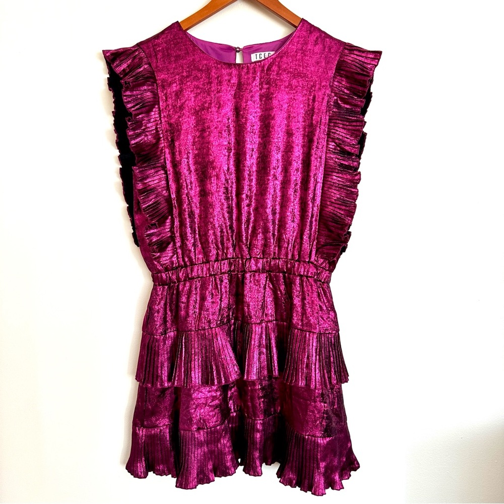 TCEC Pink Metallic Ruffle Mini Dress Size Large - Picture 2 of 11